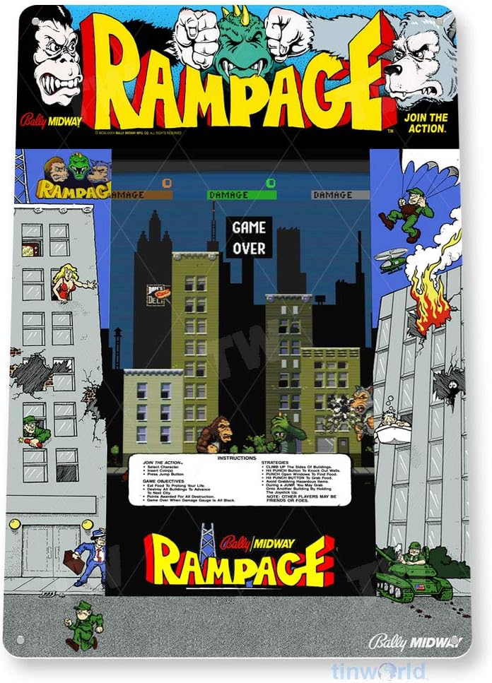 Retro Gaming Arcade Console - Panneau en étain Rampage Arcade, panneau